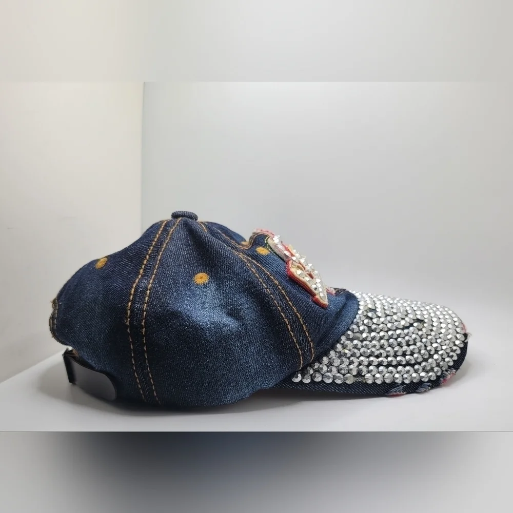 Distressed Denim Embellished Beaded Ball Cap 